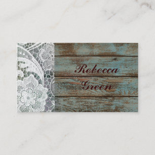 rustic white lace teal barn wood wedding business card