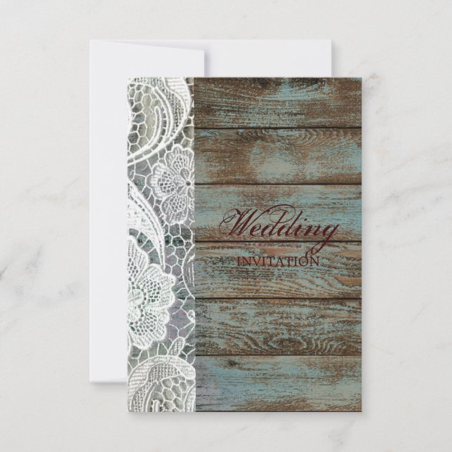rustic white lace teal barn wood wedding invitation (Front)