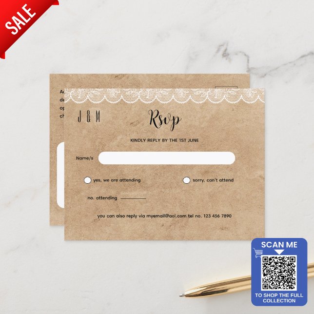 Rustic White Lace Wedding RSVP For Matching Inv Postcard (Creator Uploaded)