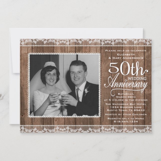 Rustic White Lace & Wood 50th Wedding Anniversary Invitation (Front)