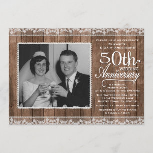 Rustic White Lace & Wood 50th Wedding Anniversary Invitation