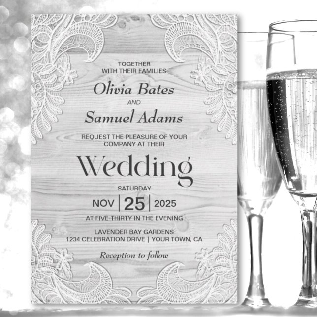 Rustic White Lace Wood Wedding Invitation (Creator Uploaded)