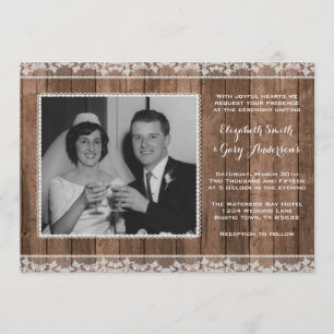 Rustic White Lace & Wood Wedding Photo Custom Invitation