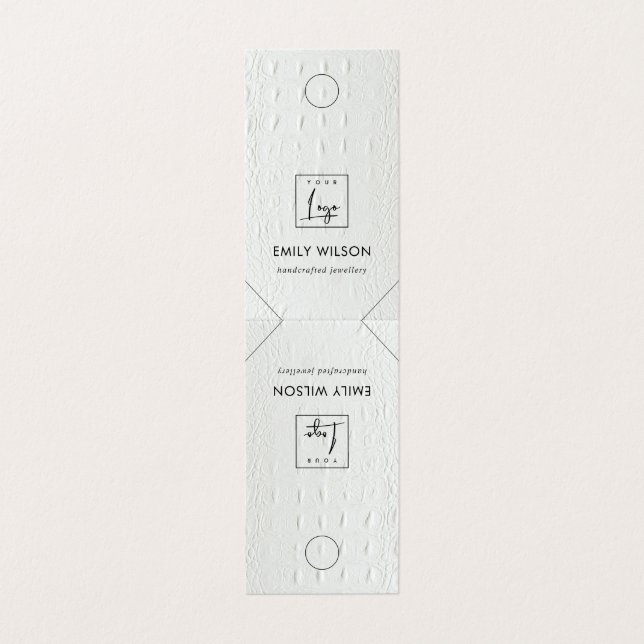 Rustic White Leather Hanging Necklace Display Logo Business Card (Outside Unfolded)