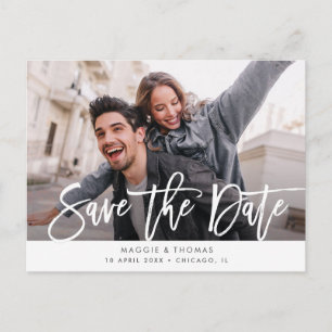 rustic white lettering wedding save the date postcard