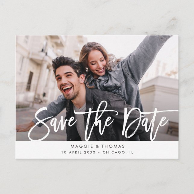 rustic white lettering wedding save the date postcard (Front)