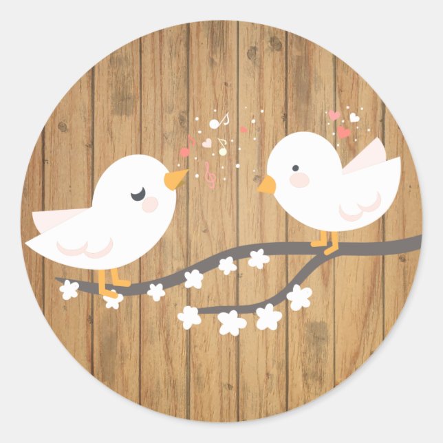 Rustic White Lovebirds Brown Wood Wedding Classic Round Sticker (Front)