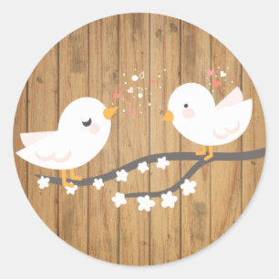 Rustic White Lovebirds Brown Wood Wedding Classic Round Sticker