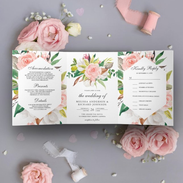 Rustic White Magnolia Blush Pink Floral Wedding Tri-Fold Invitation (Creator Uploaded)