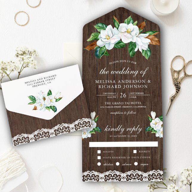 Rustic White Magnolia Floral Barn Wood Wedding All In One Invitation (Creator Uploaded)