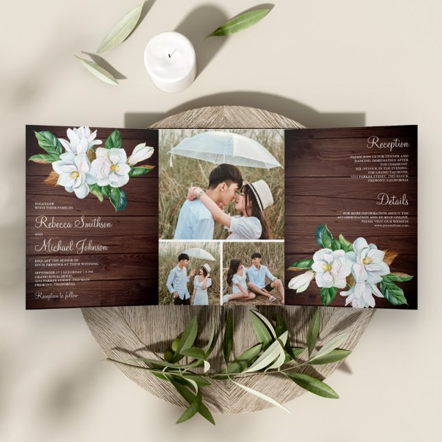 Rustic White Magnolia Floral Barn Wood Wedding Tri-Fold Invitation (Creator Uploaded)