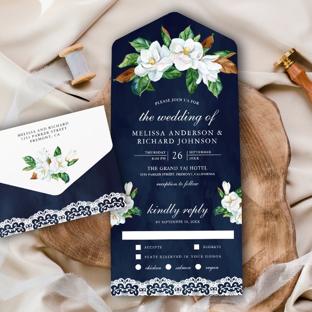 Rustic White Magnolia Floral Navy Blue Wedding All In One Invitation (Creator Uploaded)