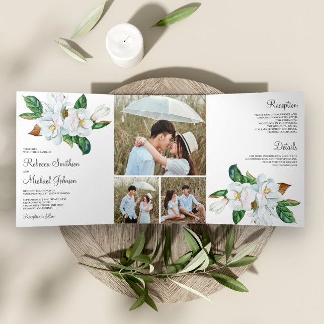 Rustic White Magnolia Floral Photo Collage Wedding Tri-Fold Invitation (Creator Uploaded)