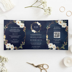 Rustic White Magnolia Floral QR Code Navy Wedding Tri-Fold Invitation