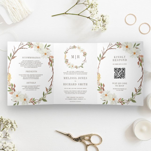 Rustic White Magnolia Floral QR Code Wedding Tri-Fold Invitation (Creator Uploaded)