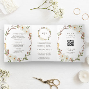 Rustic White Magnolia Floral QR Code Wedding Tri-Fold Invitation