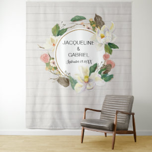 Rustic White Magnolia Pink Floral Wedding Backdrop Tapestry