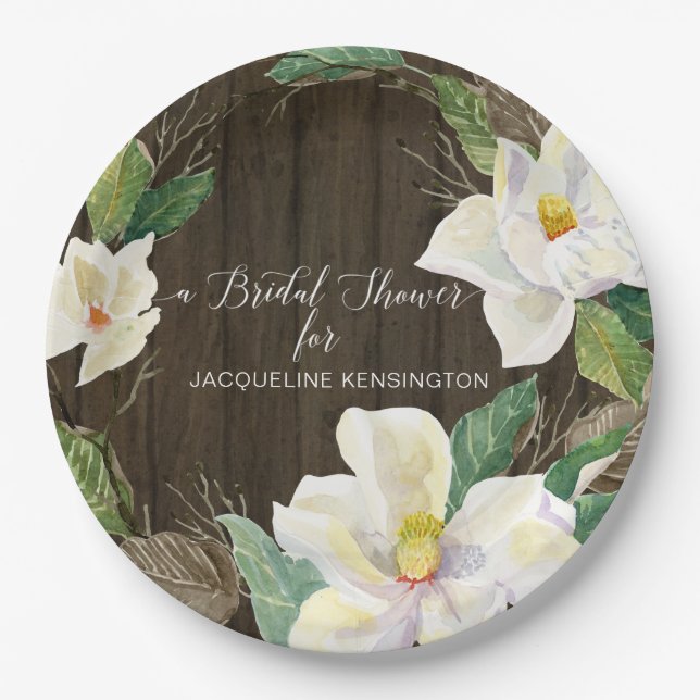 Rustic  White Magnolia Watercolor Floral Foliage Paper Plate (Front)
