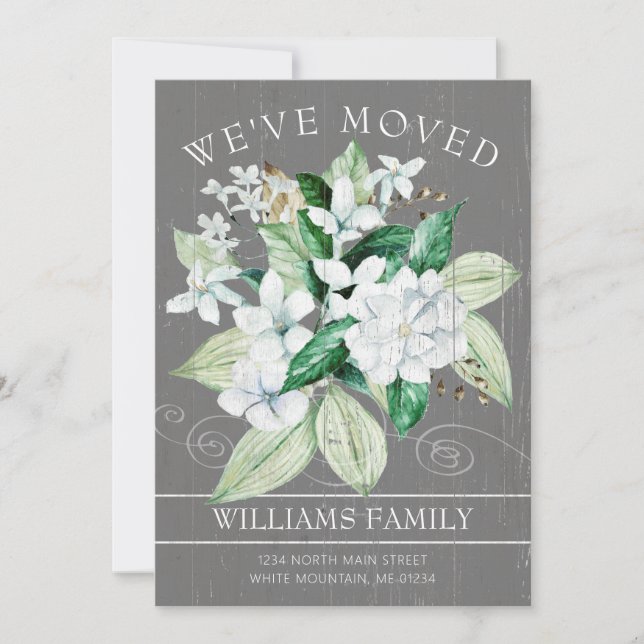 Rustic White Magnolia Watercolor Floral Moving Announcement (Front)