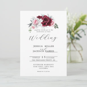 Rustic White Maroon Rose Floral Wedding Invitation
