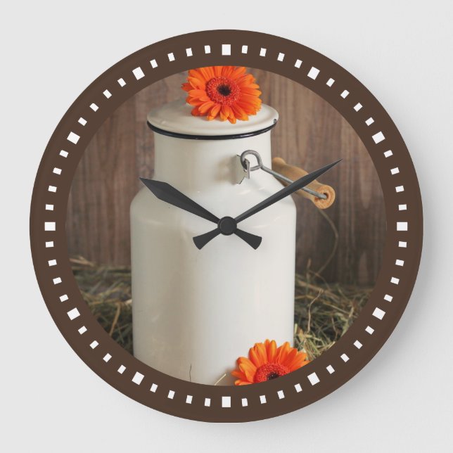 Rustic White Milk Jug with Flowers Large Clock (Front)