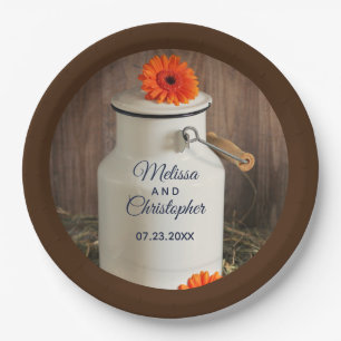 Rustic White Milk Jug with Flowers Wedding Paper Plate
