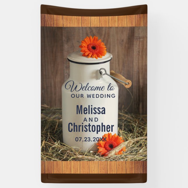 Rustic White Milk Jug with Flowers Wedding Welcome Banner (Vertical)