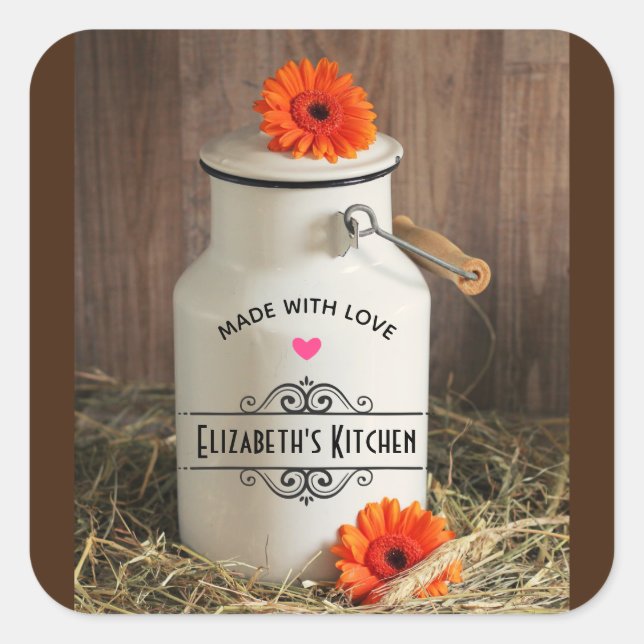 Rustic White Milk Jug with Orange Flowers  Kitchen Square Sticker (Front)