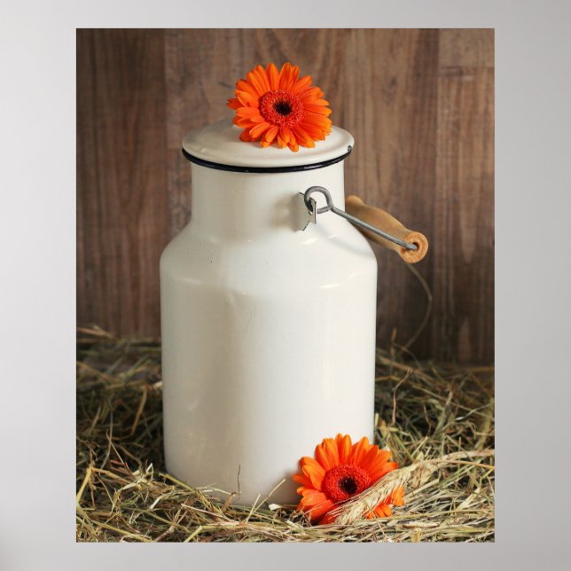 Rustic White Milk Jug with Orange Flowers Photo Poster (Front)