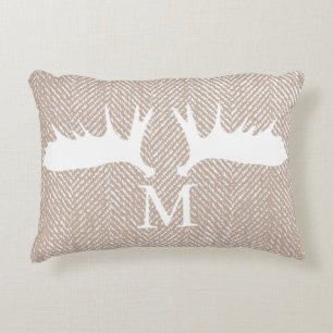 Rustic White Moose Antlers & Taupe Herringbone Decorative Cushion
