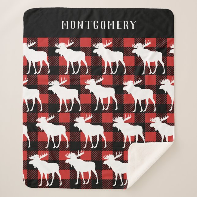 Rustic White Moose & Buffalo Check Plaid Sherpa Blanket (Front)