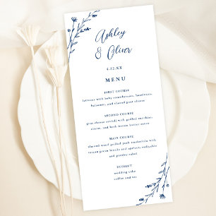 Rustic White & Navy Blue Floral Wedding Menu Card