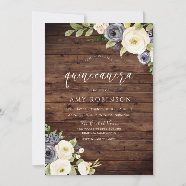 Rustic White & Navy Flowers Quinceanera Party Invitation (Front)
