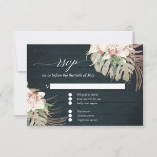 Rustic White Orchid Tropical Floral Navy Wood RSVP Card