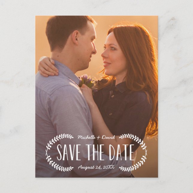 Rustic White Overlay Photo Save the Date Announcement Postcard (Front)