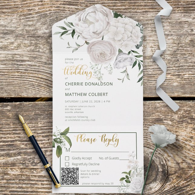 Rustic White Peonies Floral White QR Code All In One Invitation (Creator Uploaded)