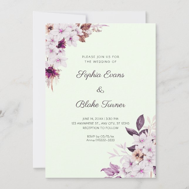 Rustic White Pink Flowers Boho Light Green Wedding Invitation (Front)