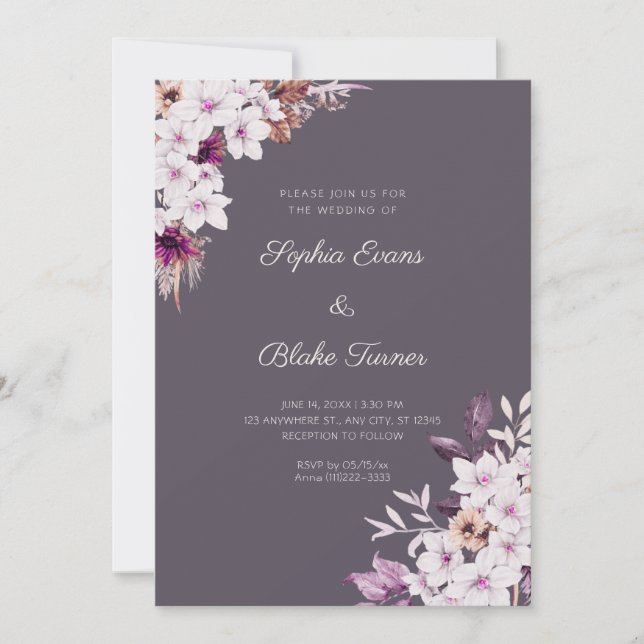 Rustic White Pink Flowers Boho Smoke Grey Wedding Invitation (Front)