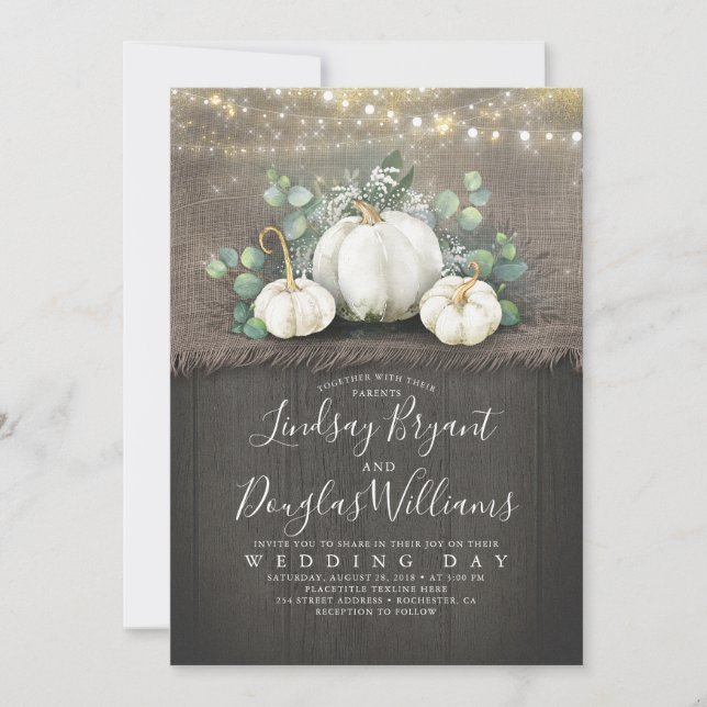 Rustic White Pumpkin and Baby's Breath Wedding Invitation (Front)