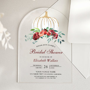 Rustic White Pumpkin Burgundy Floral Bridal Shower Acrylic Invitations