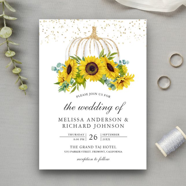 Rustic White Pumpkin Sunflowers Fall Wedding Invitation (Creator Uploaded)