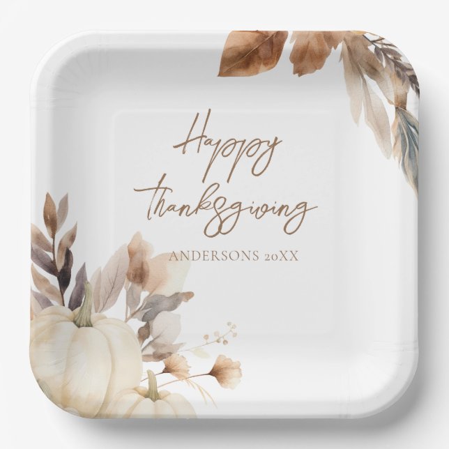 Rustic White Pumpkin Thanksgiving Paper Plate (Front)