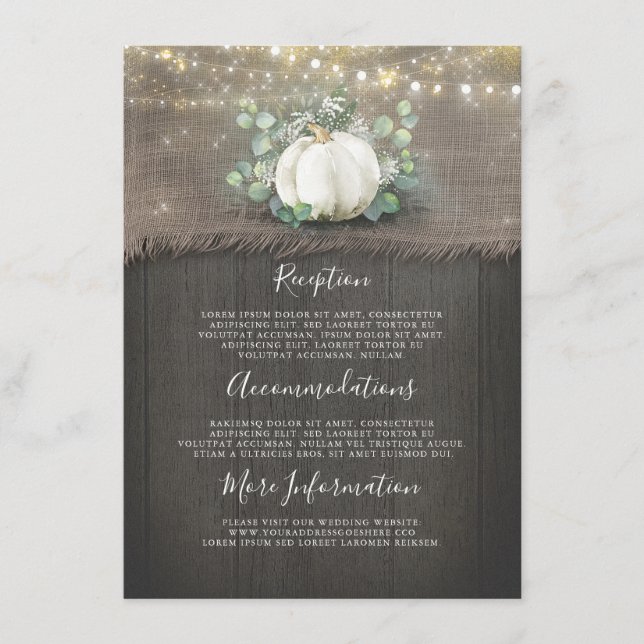 Rustic White Pumpkin Wedding Details Information Enclosure Card (Front)