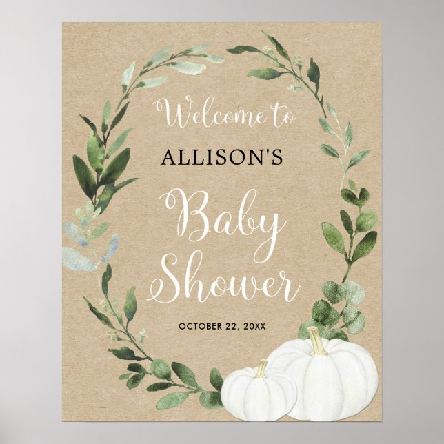 Rustic white pumpkins baby shower welcome sign (Front)