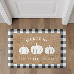Rustic White Pumpkins Family Name Welcome Doormat