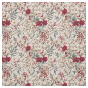 Rustic White Red Botanical Pastel Vintage Floral Fabric