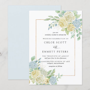 Rustic White Rose Blue Hydrangea Floral Wedding Invitation