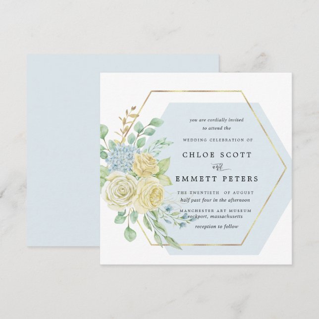 Rustic White Rose Blue Hydrangea Square Wedding Invitation (Front/Back)