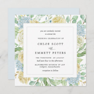 Rustic White Rose Blue Hydrangea Square Wedding Invitation