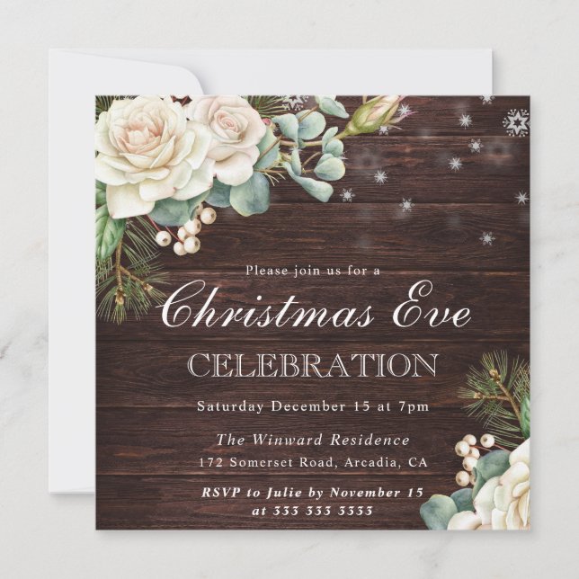 Rustic White Rose Christmas Eve Celebration Invitation (Front)